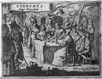 835527 Afbeelding van het titelblad van de Utrechtsche sang-prieeltjes door Lucas de Vries uit 1649.